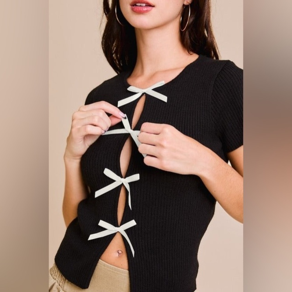 Satin Bow Cutout Short Sleeve Knit Top - Le Lis - Picture 2 of 4